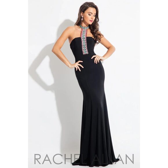 RACHEL ALLAN Black Beaded Choker Halter Top Backless Princess 2090 Prom Dress 8 - Picture 1 of 9
